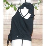 Roxy Black Cropped Knit Rib Top Size L Short Ruffle Sleeve Ruched Tie Up V-Neck Photo 5