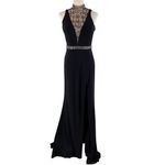 Rachel Allan Beaded Jersey Evening Gown High Slit Mock Jewel Neck Size 8 Formal Black Photo 1