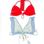 Aerie  Neon Coral Crochet Racerback Triangle & Tassel Plunge bathing suit top Photo 1