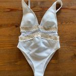 River Island NWT  Women's White Gold Sequined Embroidered Plunge Swimsuit, sz 2 Photo 4