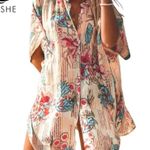 Cupshe Floral & Striped Tropical Oversized Swim Beach Button Front Cover-Up Top Photo 4