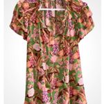 Rose + Olive Orange Pink & Green Floral Ruffle Tie Neck Short Sleeve Blouse 1X Photo 0