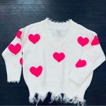 Wildfox Main Strip Off White Neon Pink Heart Print V-Neck Distressed Ripped Knit Sweater Photo 1