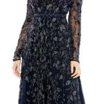 Mac Duggal 10799 Navy Beaded Illusion High Neck Long Sleeve A Line Dress 4 NWT Photo 0