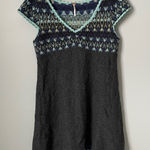 Free People  Wool Knit Fair Isle Sweater Dress Teal Blue Charcoal Gray Size Large Photo 0