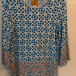 Ruby Rd Petite Geometric Print Bell Sleeve Tunic Top Blue White Orange Aqua PS Size undefined Photo 0