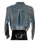 Vintage 80s Cropped Denim Jacket Studded Rhinestone Buttons USA Made Opal Size S Blue Photo 1