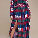Plaid floor length maxi dress with matching belt, pockets and front buttons. (S) Photo 2