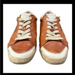 Frye Women’s Leather Low Top Sneakers 6.5M Tan Brown Logo Distressed Casual Shoe Photo 5