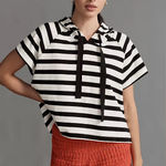 Maeve  Anthropologie Boxy Striped Short-Sleeve Hoodie black white Photo 0