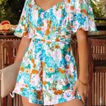 Pink Lily Vici romper colorful floral print off shoulder puff pleats vneck tropical Photo 0