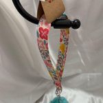 Handmade  Pink and Yellow Floral Wristlet Keychain with Blue Pompom Photo 0