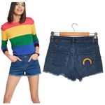 Modcloth Womens Small Jean Shorts Raw Hem High Rise Rainbow Embroidery Blue Photo 1