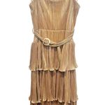 Mac Duggal Gold Metallic Plissé Square Neck Pleated Ruffle Belt Detail Dress 8 Photo 1