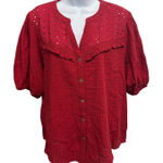 Knox Rose  Red Eyelet Collar Puff Sleeve Button Up Blouse Women Size L Photo 0