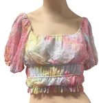 Blue Blush Smocked Crop Top Pink Yellow Tie Dye Ruffle Puff Sleeve Lined S Y2K Photo 0