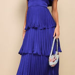 Lulus NWT  Stunning Desire Cobalt Blue Satin Pleated Tiered Midi Dress Ruffle M Photo 0