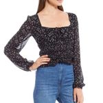 Free People  Lolita Top Womens Large Black Floral Long Sleeve Smocked Square Neck Photo 12