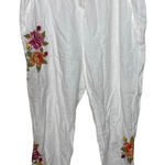 Johnny Was JW  white linen pants with floral embroidery sz XL Photo 0