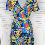J. Crew Tropical Print Faux Wrap V Neck A Line Dress Blue Multi Size 8 Photo 0