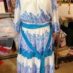 Maison Tara shoulders open/stretch round neck blue white purple floral dress NWT Size 8 Photo 0