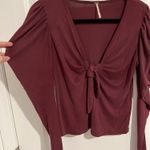 Free People Long Puff Sleeve V-Neck Ribbed Tie The Knot Top Maroon Women's Small Photo 4