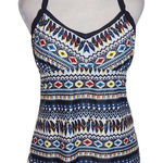 Yonique Feather Print Boho Tankini Top NWT Size Medium Aztec Print Tankini Blue Photo 0