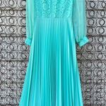 60s 70s blue polyester accordion pleat skirt lace top sheer sleeve maxi dress Photo 1