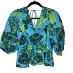 Draper James  Tropical Linen Top Puff Sleeve Monstera Floral Size 10 Tie Back Photo 1