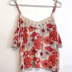 Forever 21 Cream Beige Pink Orange Floral Crochet Lace Cold Shoulder Crop Top M Photo 0
