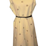 Vintage Sleeveless Tan Dress with Black Belt and Geometric Pattern, Large Photo 0