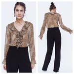 ZARA Leopard Bodysuit Small Animal Print Semi Sheer Long Sleeve Ruffle Career Photo 1