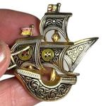 Vintage Black Red marked Spain Spanish Toledoware Enamel Pirate Ship Brooch Pin Photo 0