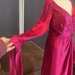 Women’s Pink Satin Full Length Long Sleeve Dress Corset Back Leg Slit Size 8 Photo 2