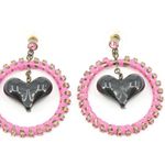 Betsey Johnson  Black Puff Heart Pink Wrapped Rhinestone Hoop Earrings Photo 5
