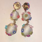 Colorful Fabric Beaded Boho Floral Beaded Ball Drop Earrings White Photo 3