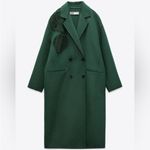 ZARA Dark Green Beaded Leaf Long Oversized Wool Blend Pea Coat Size XS - M Photo 2