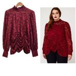 Jolie & Joy Burgundy Sheer Lace Mock Neck Blouse Size 1X Dark Romance Whimsigoth Red Photo 1