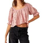 Free People NEW Stacey Lace Blush Tint Puff Sleeve Top Blouse Cropped Flowy Photo 0