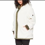 1 Madison  Ladies' Cream & Olive Khaki Trim Sherpa Fuzzy Hooded Full Zip Jacket Photo 4