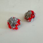 Handmade Cozy Gray & Red Pom Pom Boho Chunky Knit Yarn Earrings, Stud Post Back Photo 12