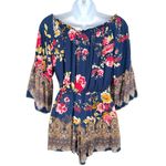 Angie  Floral Off-Shoulder Boho Bell Sleeve Romper Blue Multicolor Size Medium Photo 6