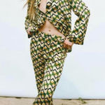 ZARA Geometric Print Wide Leg The Safia Satin Pant Green Black Size Medium Photo 0