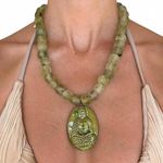 Green African glass bead with ceramic hand painted Buddha necklace Photo 4