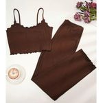 Solid Ribbed Pajama Set, Lettuce Trim Cami Top & Elastic Waistband Pants Brown Size M Photo 5