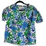 Sugar Lips Floral Print V Neck Puff Sleeve Blouse Top Womens XS Blue Green White Photo 0