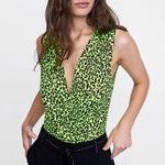 ZARA  Neon Green And Brown Deep V Bodysuit Size Medium NWT Photo 0
