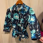 Jones New York floral watercolor belted button front blouse cotton mermaid fairy Photo 7