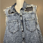 Thrill Jeans Shirt Dress Womens 1X Blue Denim Sleeveless Distressed Hi Low Mesh Photo 0