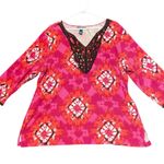 Karen Scott Tunic Top Womens 3X Pink/Orange Abstract Print V Neck Lace Trim Arts Photo 1